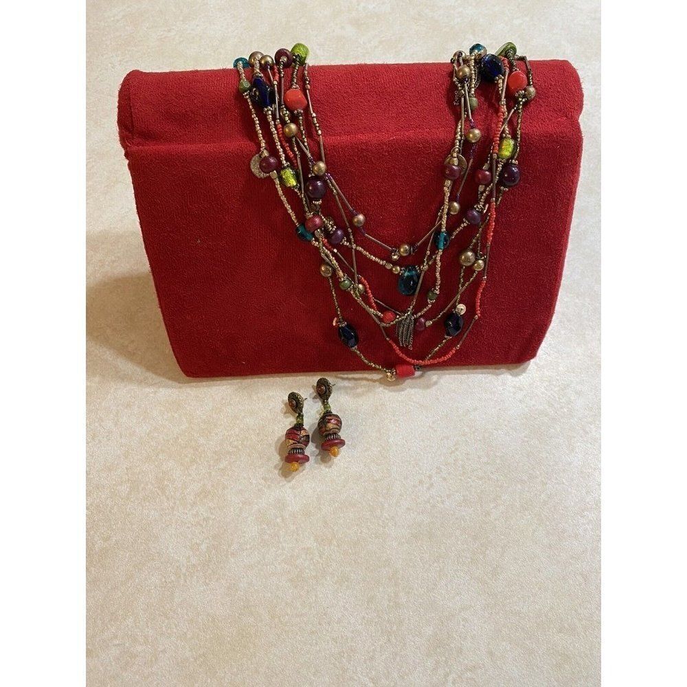 VINTAGE MIXED GLASS BEAD TASSEL STATEMENT NECKLACE & EAR RINGS Metal Tassels